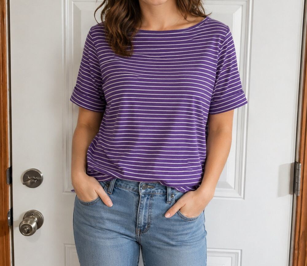 Lauren Ralph Lauren purple and white striped boatneck top size large